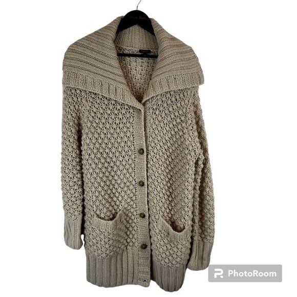 Talbots Sweaters - Talbots Women Sz M Ivory Cardigan Chunky Wool Alpaca Blend Sweater Wide Collar U